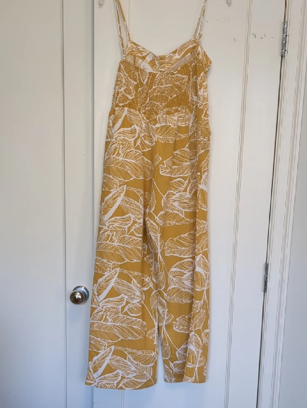 Mustard Yellow Leaf-Print Spaghetti Strap Jumpsuit - Picture 8 of 10
